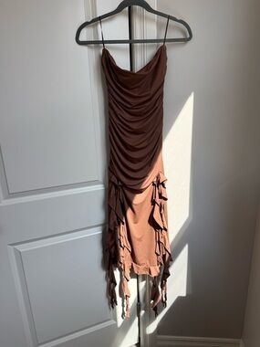 Brown Ruching Slip Dress with Asymmetric Ruffle Hem